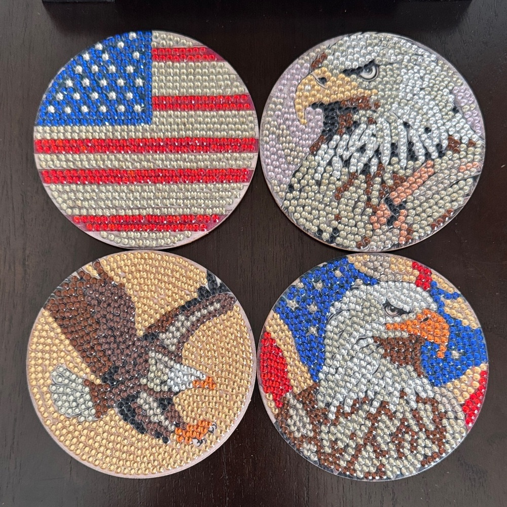🇺🇸 Diamond Art Patriotic Eagle Coasters – Set of 4 w/Metal Display Stand